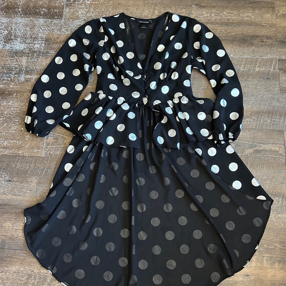 Ashley Stewart Black Silver Metallic Polka Dot High Low Peplum Top 10/12